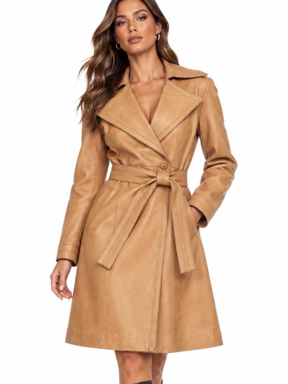 Danier Genuine Leather Trench Coat M Camel Tan Belted Made in Canada 90s Luxe